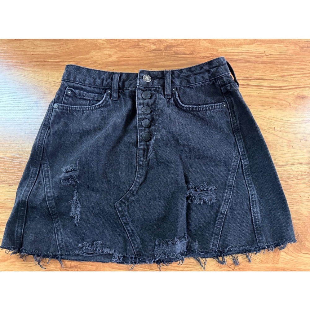 Free People We The Free Black Distressed Denim Mini Skirt Size 26